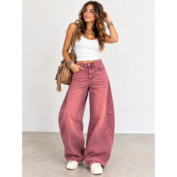 Free People Denim - 280.NWT Free People We The Free Good Luck Mid Rise Barrel Jeans Rose Pink $198